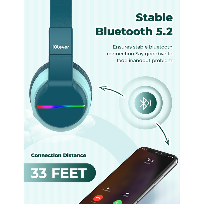 iClever навушники Bluetooth для дітей з LED-підсвіткою, Over-Ear, обмеження гучності 74/85dBA, 85 годин роботи, Bluetooth 5.2, мікрофон, BTH12, зелені