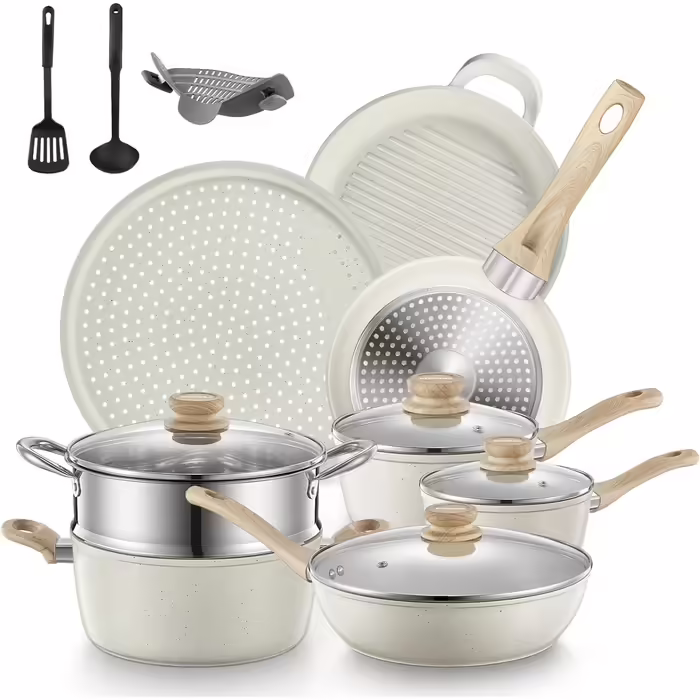 FOHERE 15-Piece Cookware Set, Induction Cookware Set with Glass Lids, Pots and Pans Set, Cookware Set, Non-Stick Coating, Suitable for All Cooktops including Induction, White