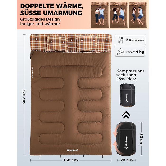 Спальний мішок KingCamp для 2 осіб з фланелі, зимовий, теплий, 3-4 сезони, з 2 подушками, для кемпінгу, подорожей та активного відпочинку на природі