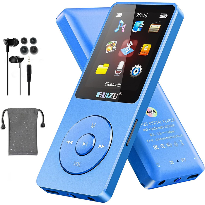 MP3-плеєр 64GB з Bluetooth 5.3, ультралегкий (30г), до 80 годин роботи, 1.8