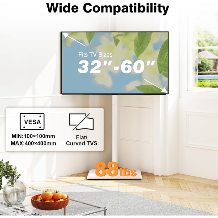 Підставка для телевізора TVON на підлозі з кріпленням для більшості телевізорів 81.3 - 152.4 см (32-60 дюймів) до 40 кг, регульована по висоті підставка з дерев'яною основою, економна, підлогова підставка для телевізора білого кольору з дерев'яною основою