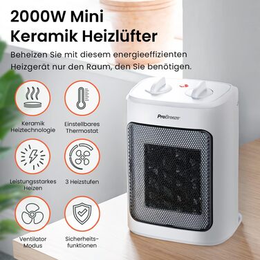 Керамічний обігрівач Pro Breeze 2000W з термостатом, електрична теплова гармата з 3 рівнями нагріву, захистом від перегріву та перекидання, білий