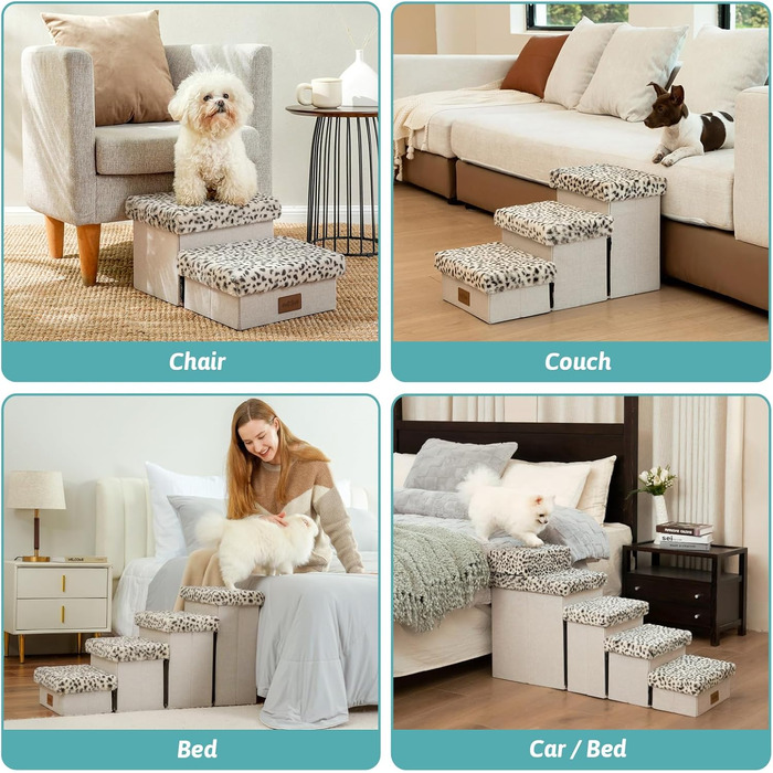 Pet Stairs for Small Dogs with Storage, Dog Stairs Folding for Bed Couch, Dog Stairs Dog Ramp with Non-Slip Bottom, Leak-Proof, Up to 80kg, 33x84x45cm, 4 Steps, Leopard