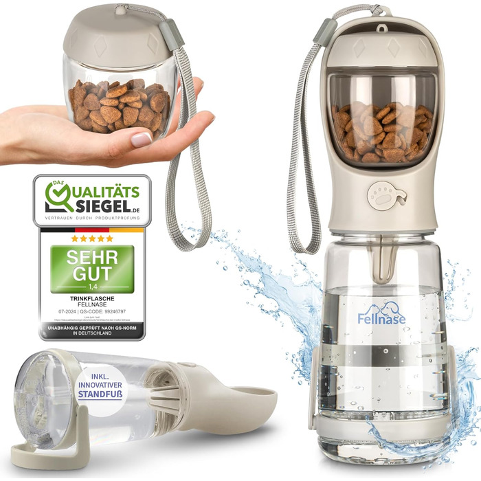 Водяна пляшка для собак Fellnase з підставкою та дозатором корму - 550 мл, для собак та котів, з клапаном зворотного потоку води, не протікає (Сірий велюр)