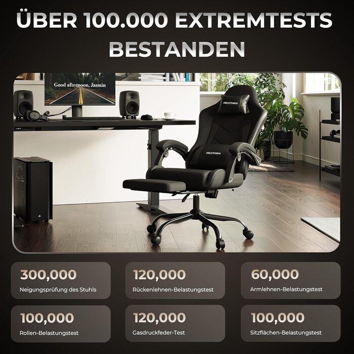 Геймерське крісло Nexthra Ergonomisch з підставкою для ніг, до 180 кг, чорне. Офісне крісло для геймінгу та роботи, регульована спинка 150°