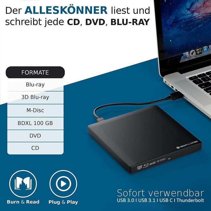 Зовнішній Blu-ray привід techPulse120 USB 3.1 Type-C M-Disc BDXL Brenner Player для PC, Notebook, Mac OS, MacBook Pro Air, алюміній (чорний)