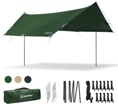 Bessport Waterproof Tarp - 3x4.6m Camping Tarp with Poles, Stakes & Rope - UV Protection, Multipurpose Tent Tarp (Green)