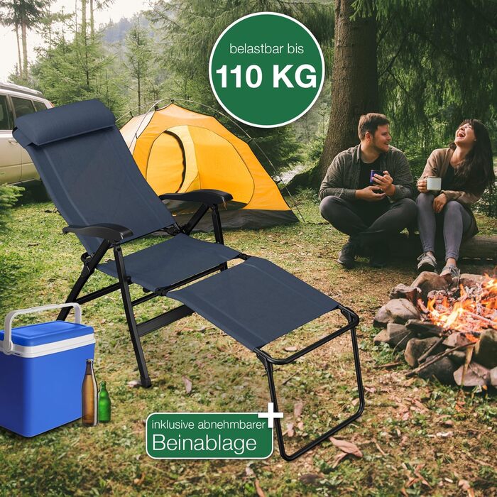 ELONEO Folding Camping Chair with Removable Footrest, Folding Chair made of Aluminum, Folding Garden Chair, Reclining Chair with Adjustable Backrest, Camping Chair (Folding Chair with Footrest (Basic), Blue)