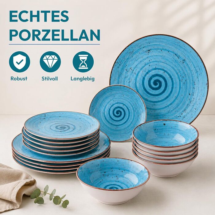 Посуд Porzellan Tafelservice 24 предмети, турецький блакитний (Blue Lagoon): набір тарілок та мисок для 6 осіб, ручна робота, стійкий до подряпин