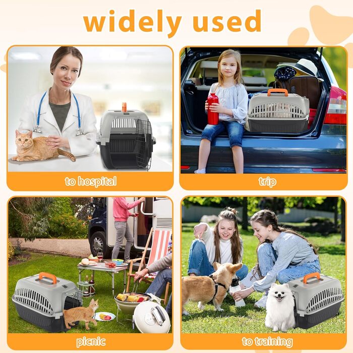 Транспортна переноска для собак та котів Aufun, 48x32x32 см, пластик з металевим ґратом, сіра та чорна