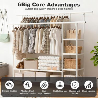 Вешалка для одягу на колесах, шестиярусна полиця з двома штангами, біла