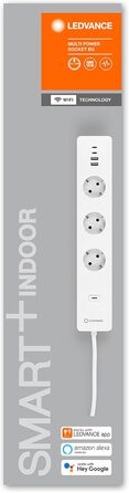 LEDVANCE Розумна мережева розетка з Wi-Fi, 3 розетки з USB, захист від перевантаження та стрибків напруги, керування через додаток, Alexa та Google, для дому