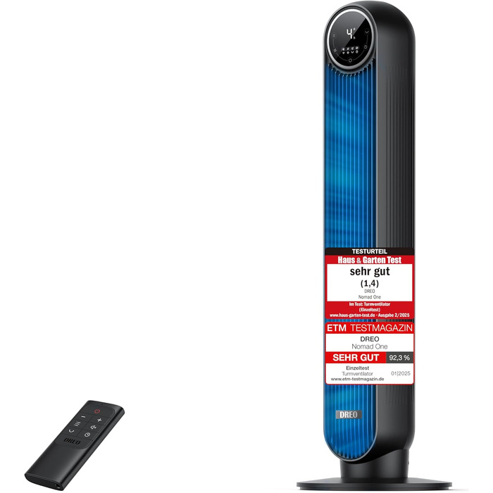 Дрео Turmventilator Nomad One: Тихий вентилятор з телепульта, 4 швидкості, 8 год таймер, білий/чорний