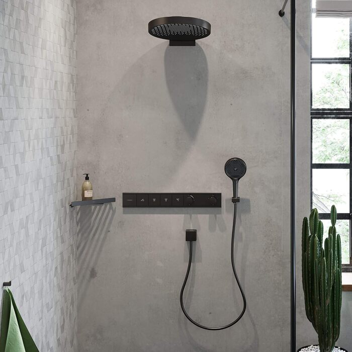 hansgrohe Raindance Select E - water-saving showerhead 9 l/min (EcoSmart), handheld shower with 3 spray patterns, square shower head (120 x 120 mm), water-saving showerhead with anti-limescale function, 26521000 (Brushed Black Chrome, 3 spray patterns)
