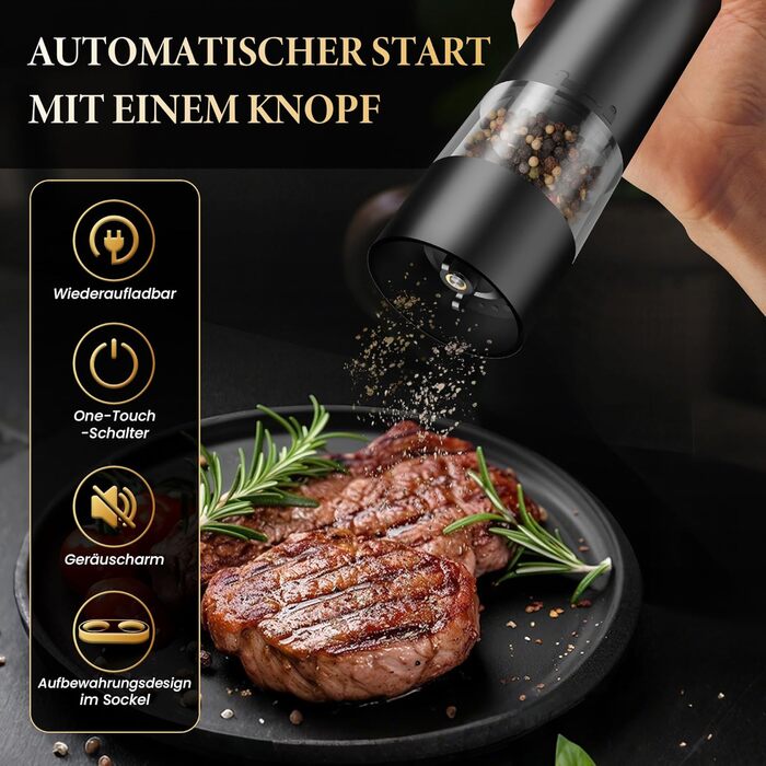 Електричні мельниці для солі та перцю 2 в 1, USB, регулювання помелу, з основою, для спецій, BBQ, кухня