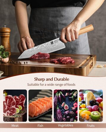 Японський ніж Kiritsuke XINZUO з дамаської сталі, 21.5 см, Gyuto, ручка з оливкового дерева та чорного рогу буйвола, ручна робота, з піхвою