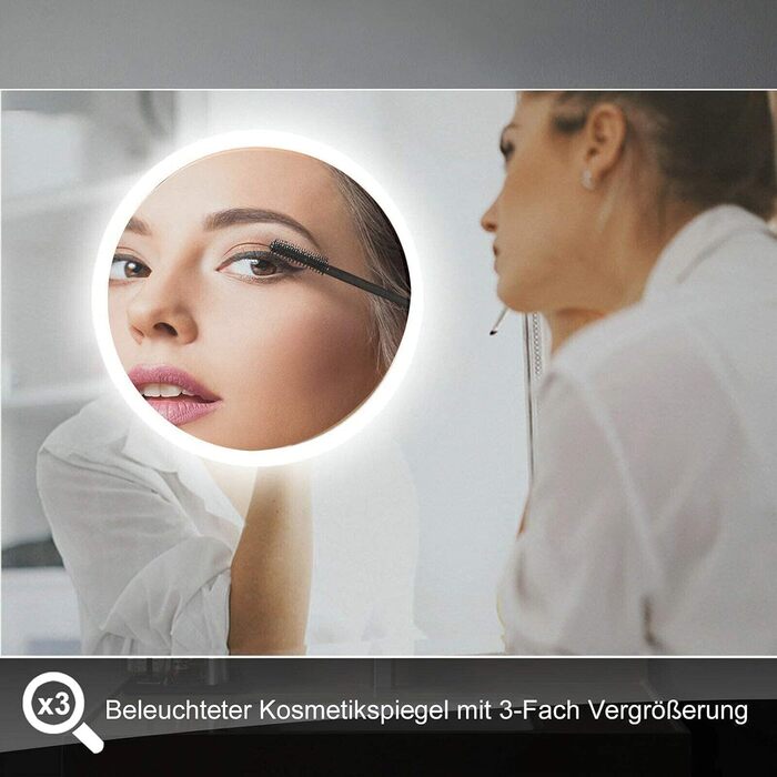 MIQU LED дзеркало для ванної кімнати з підсвічуванням 80x60 см, з розеткою, годинником, сенсорним керуванням, регулюванням яскравості, 3 кольори світла, антизапарник, збільшення, для ванної кімнати, туалету, коридору