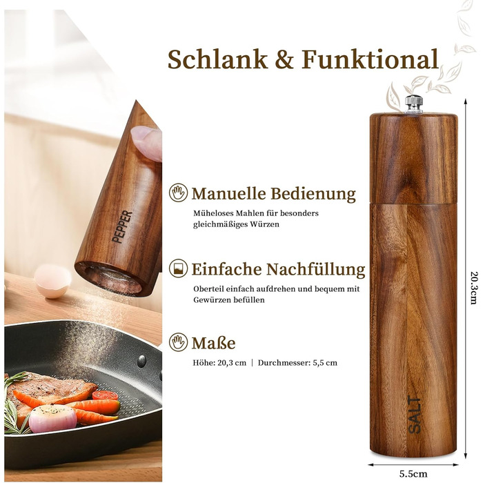 Набір з 2 дерев'яних мельниць для солі та перцю, ручні, 20 см, з регульованим керамічним жорном, для солі та перцю, у подарунковій коробці