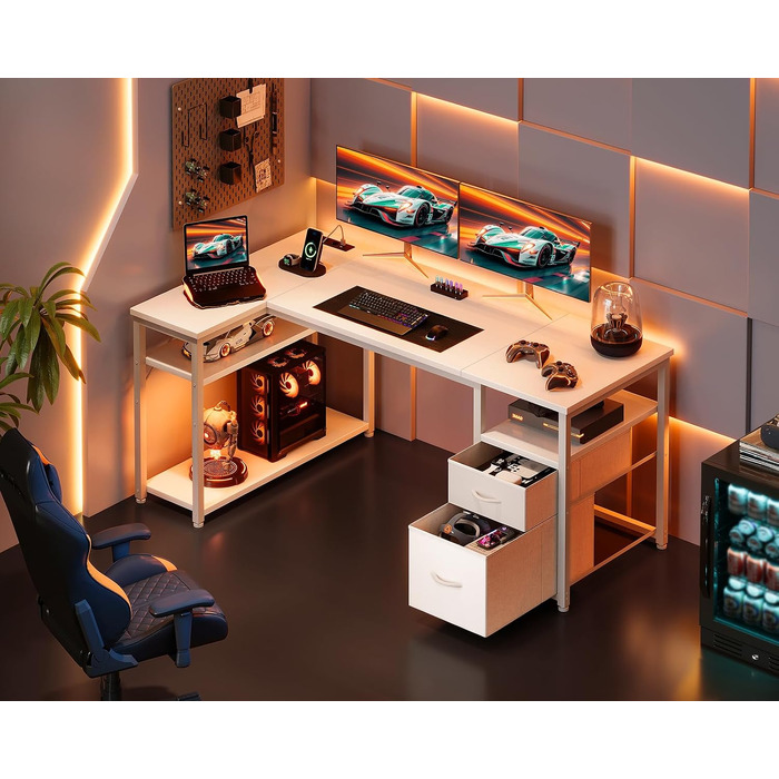 Ігровий кутовий стіл Coleshome з 2 шухлядами, 140×80 см, білий — комп'ютерний стіл для геймерів
