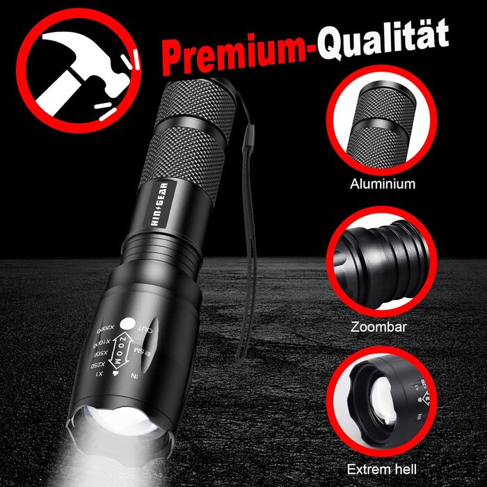 Набір ліхтариків Modus Extrem Hell 4 шт. - потужні LED ліхтарики з алюмінію, 2000 люмен, водонепроникні (IP65), з функцією зуму, для кемпінгу, туризму, надзвичайних ситуацій, подарунок, чорний