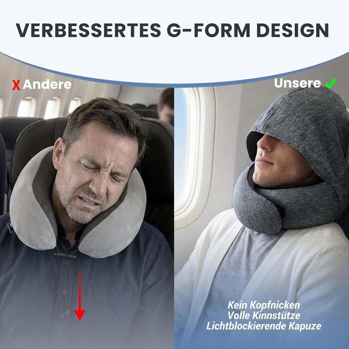 Подушка для подорожей з капюшоном, Memory Foam, темно-сіра. Підтримка шиї для літака, авто та дому
