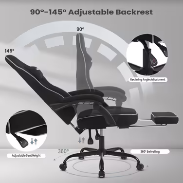 Ігрове крісло WOLTU GS11sz з пружинною подушкою, ергономічне комп'ютерне крісло до 150 кг, з підголовником, поперековою подушкою, підставкою для ніг, сітчаста тканина, чорне-сіре