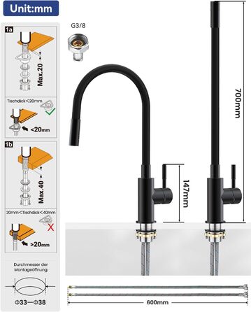 Змішувач для кухні гнучкий чорний, нержавіюча сталь, 2 режими струменя, 360° поворот, кухонний змішувач, преміум якість