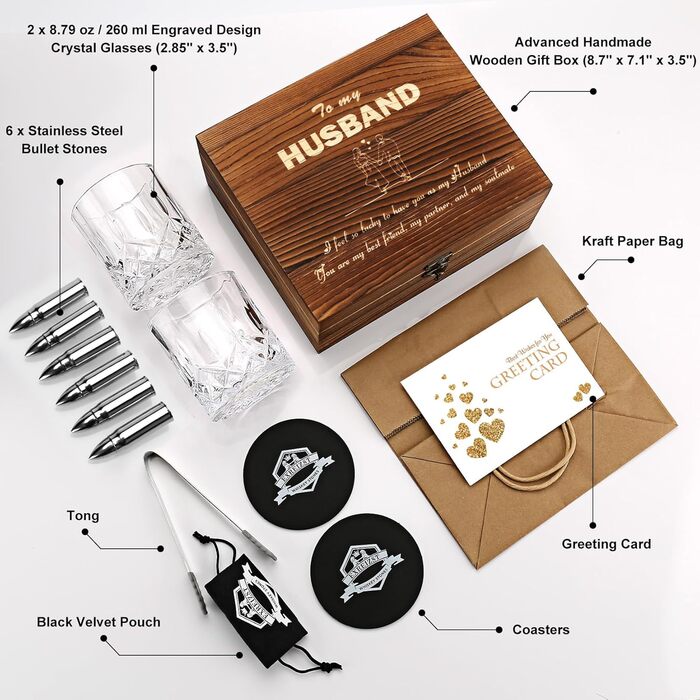 Набір віскі Exreizst: 2 склянки, 8 охолоджувачів, дерев'яна коробка | Подарунок для чоловіків