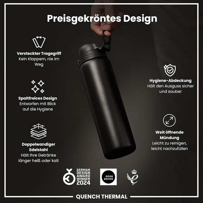 Ion8 Vacuum Insulated Stainless Steel Water Bottle, 1 Liter, 920 ml, Leak-Proof, One-Handed Opening, Secure Locking, Dishwasher Safe, Carrying Handle, Durable, Ideal for Sports and Yoga