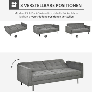 HOMCOM 3-Seater Sleeper Sofa with Reclining Function and Adjustable Angle, Vintage Design Made of Eucalyptus Wood and Cotton in Grey