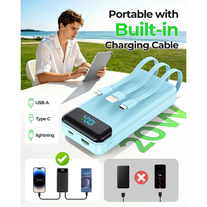 Power Bank Enerwow 27000mAh з USB-C кабелем, 4 порти, LED-дисплей, для iPhone та інших пристроїв (P300C, Синій)