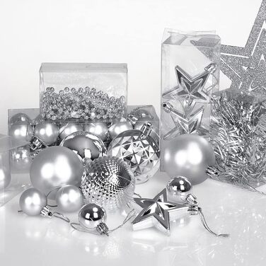 DEUBA® Новорічні кулі 66 шт. Ø 3-6 см, пластик, матові та глянцеві, для прикраси ялинки, срібні