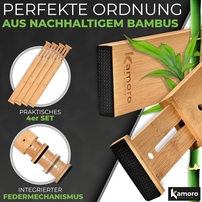 Kamoro Drawer Dividers made of natural bamboo [Set of 4] - With feather for secure hold and furniture-friendly ends - Adjustable drawer organizer between 44 and 56 cm - (Large, Natural)