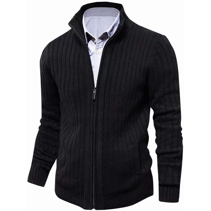 Чоловічий кардиган AOLI RAY з блискавкою та стоячим коміром: стильний пуловер з тонкої в'язки та двома кишенями (чорний)