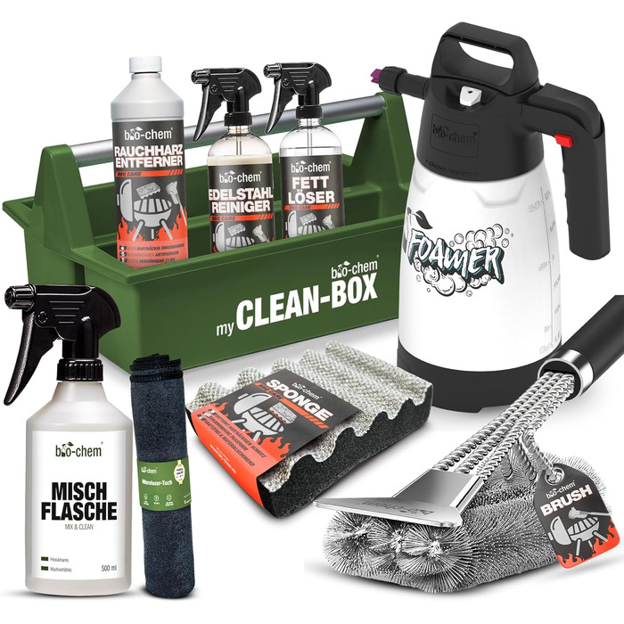 Bio-Chem Grill Cleaning and Care Set Professional Box 9-Piece: Smoke Residue Remover 1L (including spray bottle) + BBQ Cleaner 750ml + Stainless Steel Cleaner 750ml + Foam Sprayer + Grill Brush & Grill Sponge