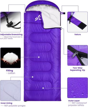 Спальний мішок Outdoor Sportneer для дорослих та дітей - легкий, портативний, для кемпінгу, походів, рюкзаків, 220x75см, фіолетовий