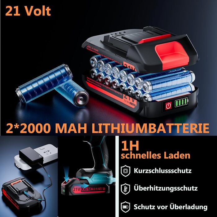 Акумуляторний шурупокрут-дрель 21V з акумулятором 4000mAh, 45Nm, 25+3 ступені, 2 швидкості, LED, 2 акумулятори 2.0Ah та зарядний пристрій, для дому та саду, DIY проєкти (Блакитний)