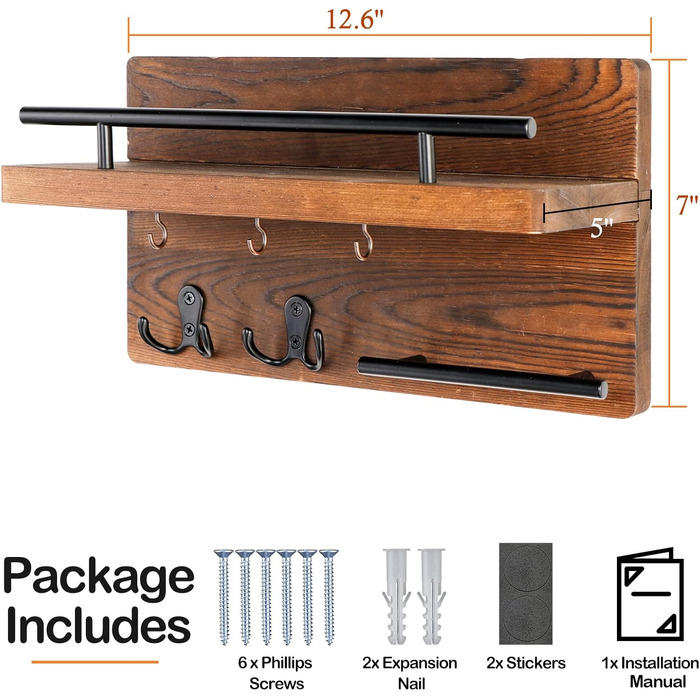 Настінна вішалка для ключів на 5 гачків, дерев'яна дошка для ключів з полицею, настінний органайзер для ключів, рустикальна вішалка для ключів, органайзер для ключів, декор для дому (колір: коричневий)