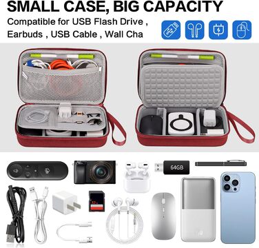 Органайзер для кабелів Teskyer, водонепроникний, жорсткий корпус, велика місткість, для подорожей (Вишневий, Середній 14 x 22 x 6,5 см)