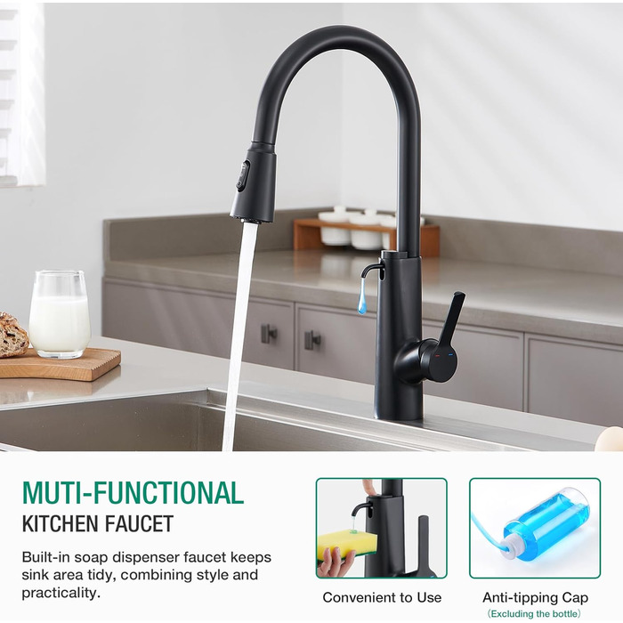 Кран кухонний CREA Wasserfall висувний з дозатором мила, нержавіюча сталь, 360° оберт, 4 режими, матовий чорний