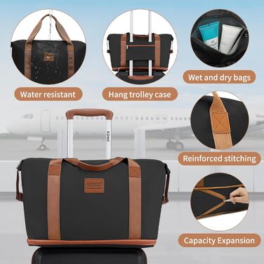 Набір валіз KONO 4 в 1: велика валіза, ручна валіза 55 см, косметичка та сумка для подорожей (чорний/коричневий)