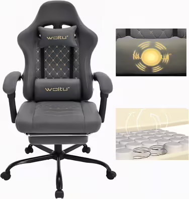 WOLTU Gaming Chair with Massage Function, Computer Chair with Pocket Spring Cushion, Ergonomic Gamer Recliner, Swivel Chair with Headrest, Lumbar Pillow, Footrest, 150 kg, Tech Fabric, Grey + Yellow, GS07gr Grey Tech Fabric