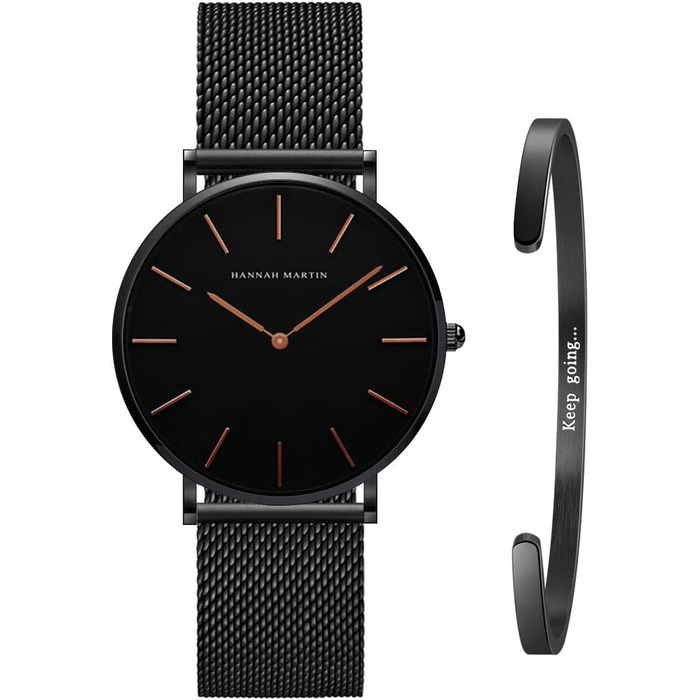 Жіночий годинник на аналоговому кварцовому механізмі з нержавіючої сталі, водонепроникний, з сітчатим ремінком, ультратонкий комплект з браслетом (чорний корпус, чорний ремінь, чорний браслет)
