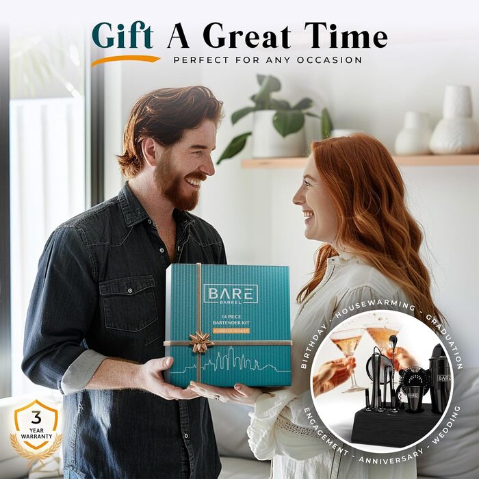 Bare Barrel Pro Cocktail Set - 14-Piece Boston Shaker Set with Stand & Recipe Cards - 24oz Cobbler Shaker