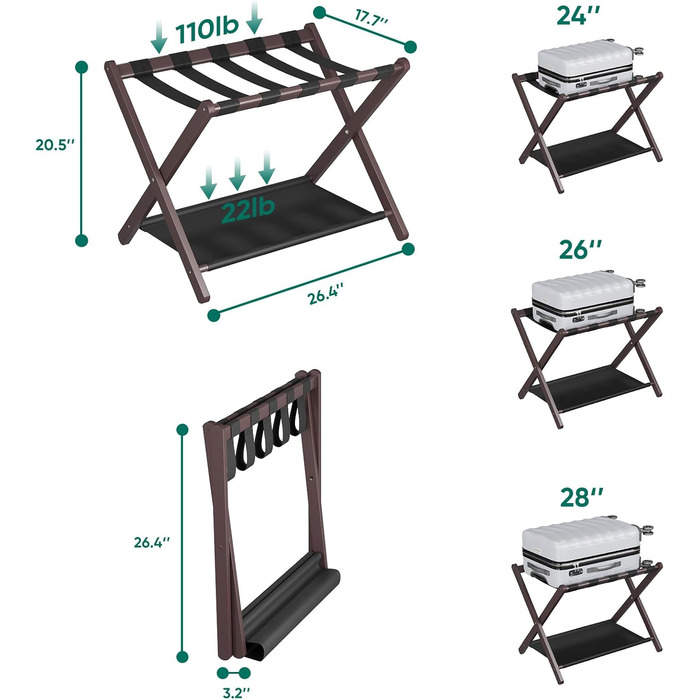 Smuxee Walnut Bamboo Luggage Rack for Guest Rooms, Folding Suitcase Stand with Storage Shelf, Lightweight Assembled Luggage Rack with 5 Nylon Straps for Guest Room Bedroom Hotel (Brown)