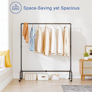 FANHAO Clothing Rack with Wheels, Industrial Heavy-Duty Pipe Clothing Rack, Rollable Garment Rack for Hanging Clothes, 250 lb (113 kg) Weight Capacity, 2 Brakes, Matte Black