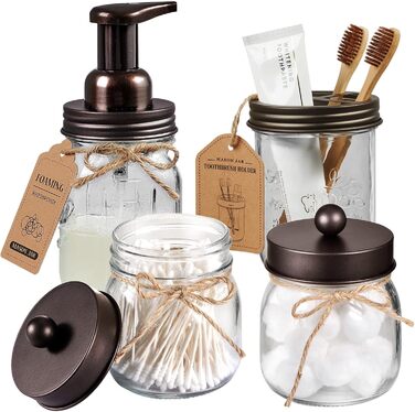Mason Jar Bathroom Accessory Set, 4 Piece, Foaming Soap Dispenser & 2 Qtip Holders & Toothbrush Holder, Rustic Farmhouse Decor, Apothecary Glass, Countryside Countertop (Black) (Farmhouse, Bronze)
