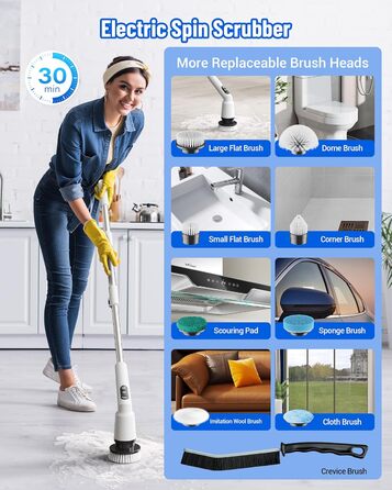 Electric Cleaning Brush, 12-in-1 Electric Spin Scrubber Cordless with 8 Interchangeable Brush Heads, Electric Cleaning Brush with Adjustable Handle for Bathroom, Kitchen, Tiles, Floors, Car (White)