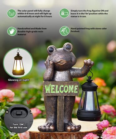 Goodeco Solar Garden Frog Decoration Stand with Welcome Sign - Outdoor Decoration for Terrace, Balcony, Yard, Lawn - Unique Housewarming Gift for Grandma and Grandpa, Gardening Enthusiast, Copper