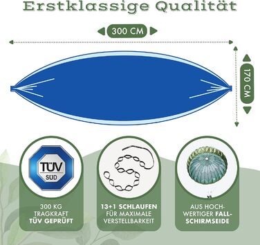 Гамак NaturBummler вуличний 300x170 см для 1-2 осіб (Meeresblau) з захистом дерева та кріпленням - легкий, водостійкий, подвійний шар для кемпінгу та саду